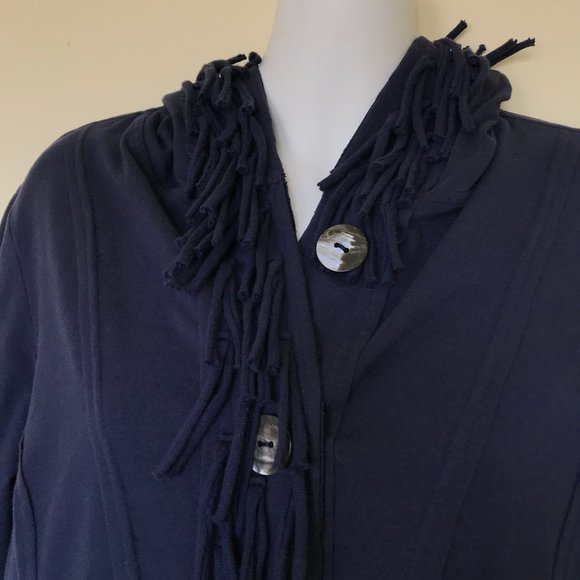 Neon Buddha Navy Blue Hooded Fringed 3/4 Length Jacket Tunic Button Front Top - Picture 3 of 6